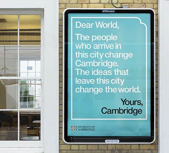 Station poster | Dear World…Yours, Cambridge brand identity ©johnsonbanks www.johnsonbank.co.uk