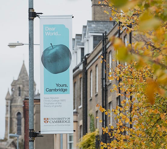 Lamppost banner | Dear World…Yours, Cambridge brand identity ©johnsonbanks www.johnsonbank.co.uk
