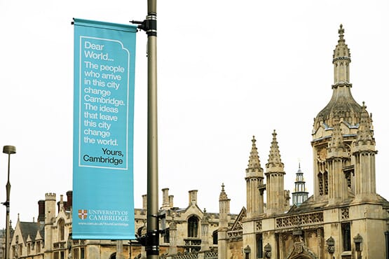 Lamppost banner | Dear World…Yours, Cambridge brand identity ©johnsonbanks www.johnsonbank.co.uk