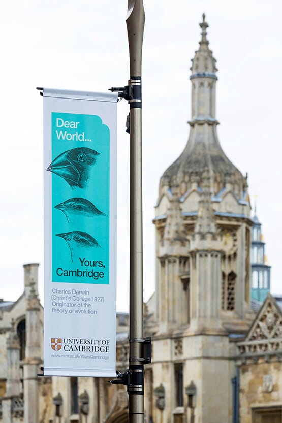 Lamppost banner | Dear World…Yours, Cambridge brand identity ©johnsonbanks www.johnsonbank.co.uk