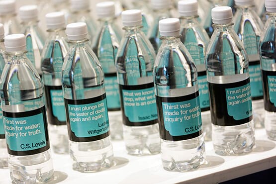 Water bottles | Dear World…Yours, Cambridge brand identity ©johnsonbanks www.johnsonbank.co.uk